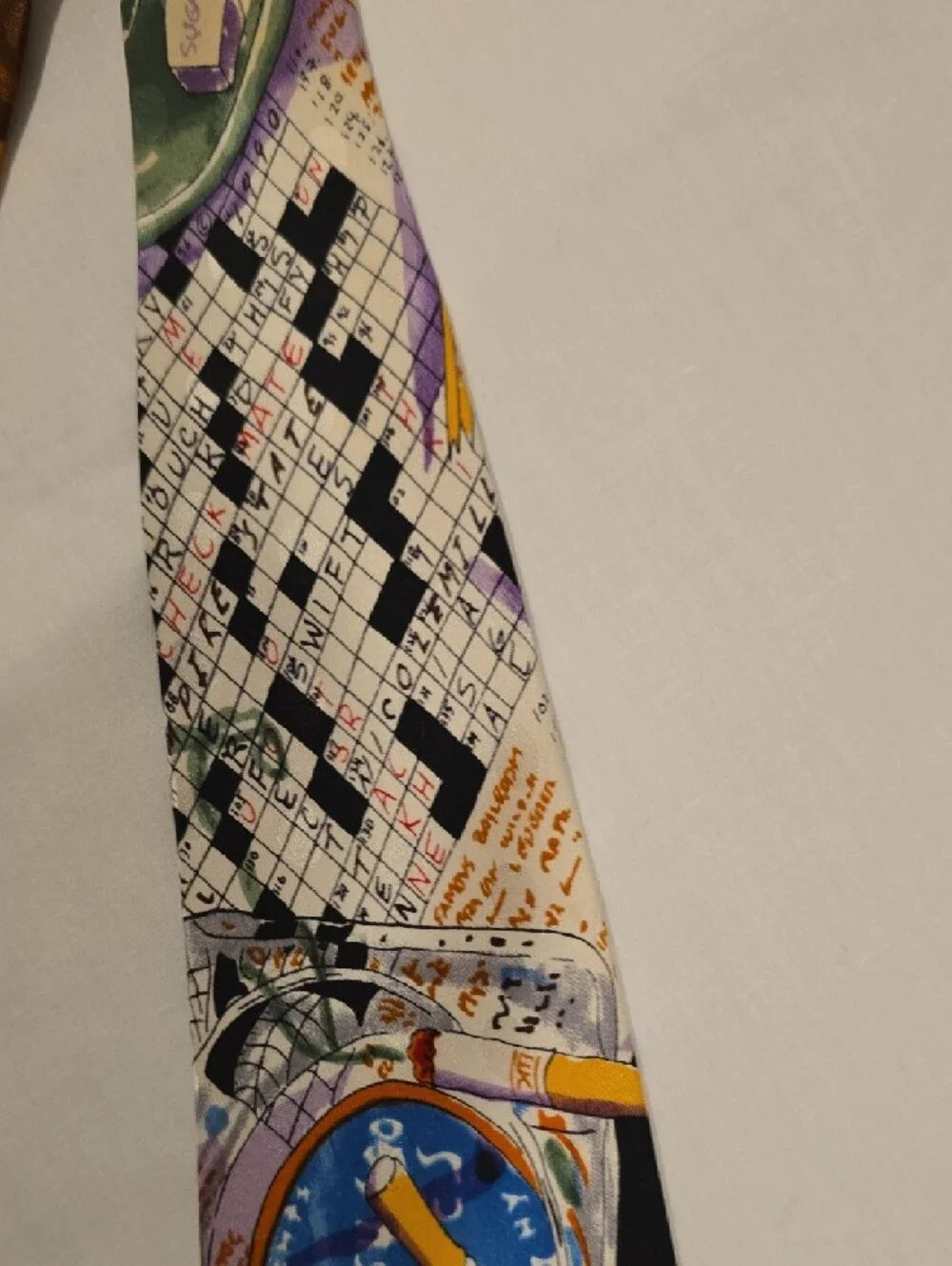 Nicole Miller Black Vintage Silk Tie with Coffee, Crossword & Colorful Motifs